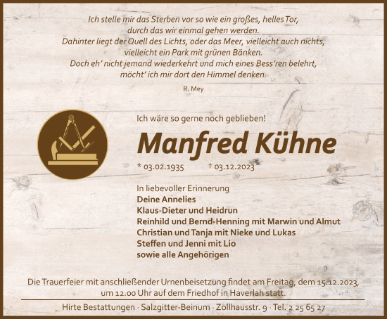 Traueranzeige von Manfred Kühne von Salzgitter-Zeitung