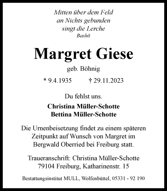 Traueranzeige von Margret Giese von Braunschweiger Zeitung
