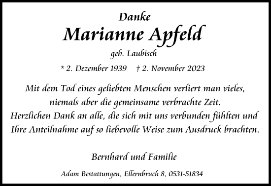Traueranzeige von Marianne Apfeld von Braunschweiger Zeitung