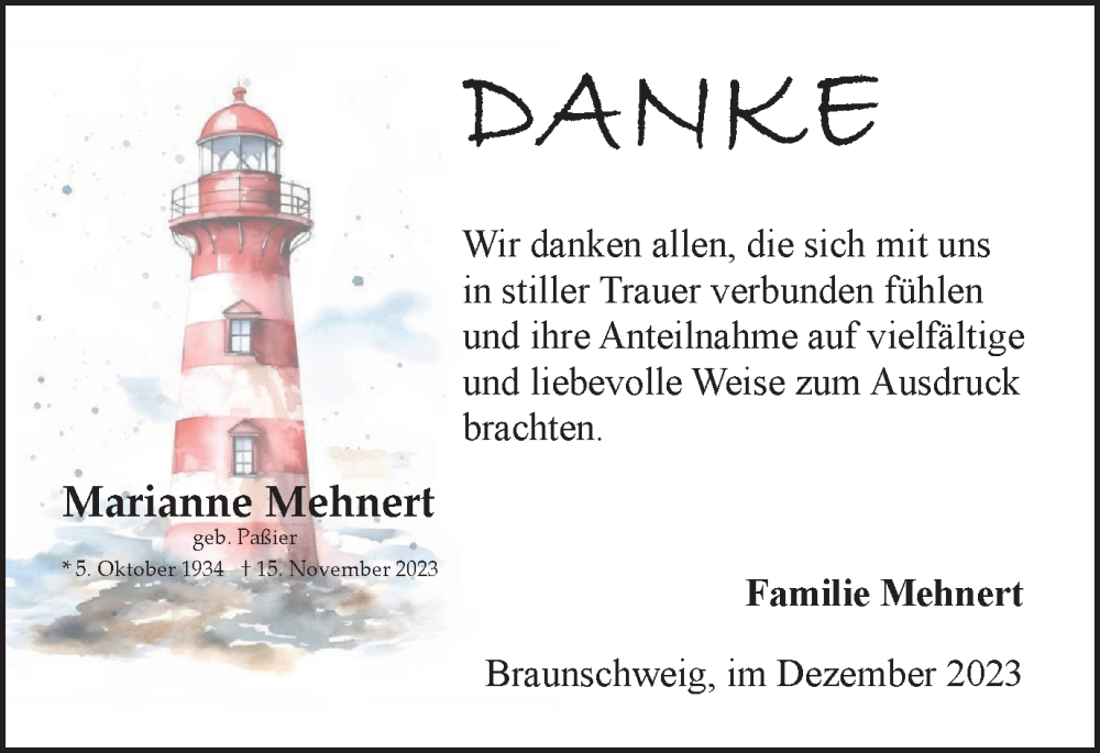  Traueranzeige für Marianne Mehnert vom 20.12.2023 aus Braunschweiger Zeitung