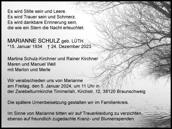 Traueranzeige von Marianne Schulz von Braunschweiger Zeitung