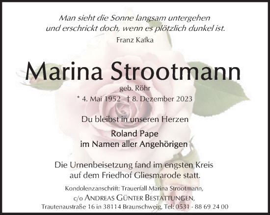 Traueranzeige von Marina Strootmann von Braunschweiger Zeitung