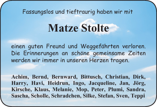 Traueranzeige von Matze Stolte von Braunschweiger Zeitung