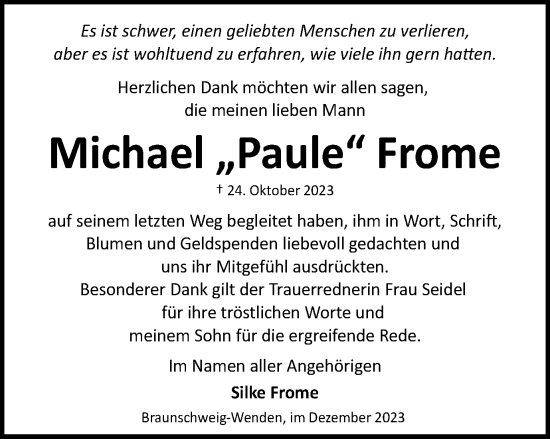 Traueranzeige von Michael Paule Frome von Braunschweiger Zeitung