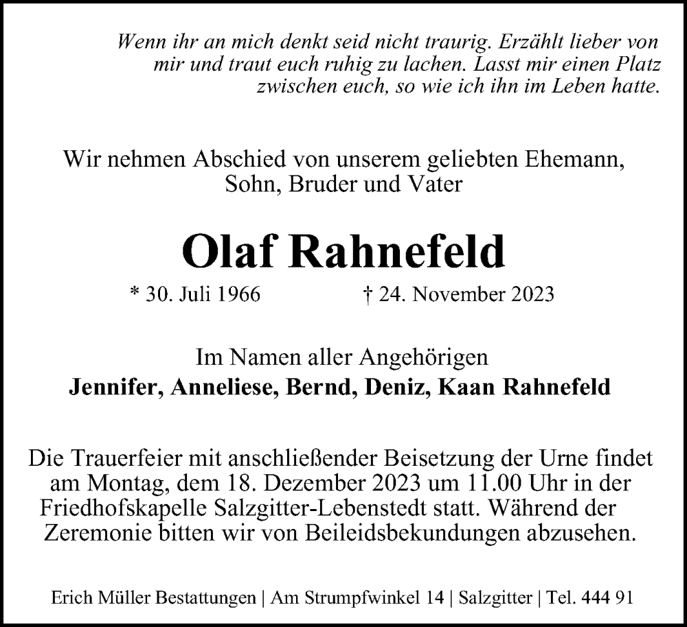  Traueranzeige für Olaf Rahnefeld vom 02.12.2023 aus Salzgitter-Zeitung