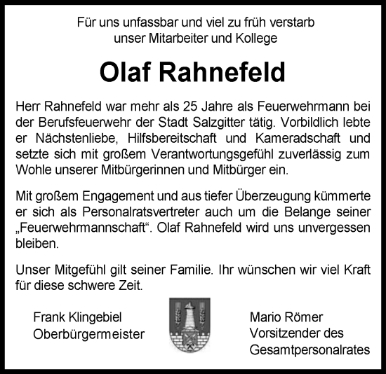 Traueranzeige von Olaf Rahnefeld von Salzgitter-Zeitung