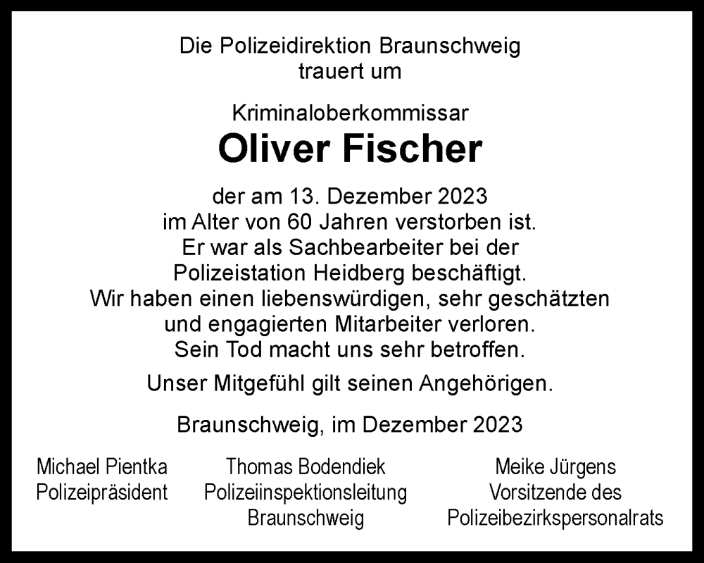  Traueranzeige für Oliver Fischer vom 20.12.2023 aus Braunschweiger Zeitung