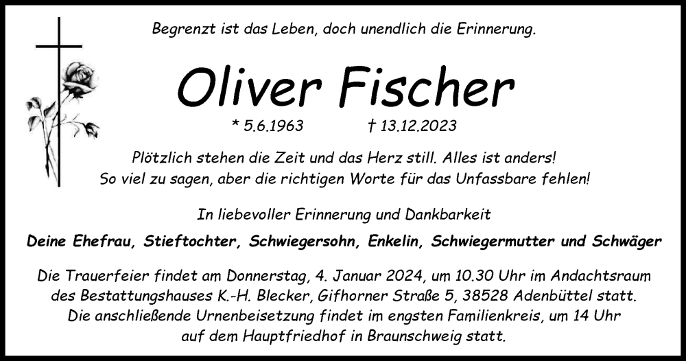  Traueranzeige für Oliver Fischer vom 20.12.2023 aus Braunschweiger Zeitung