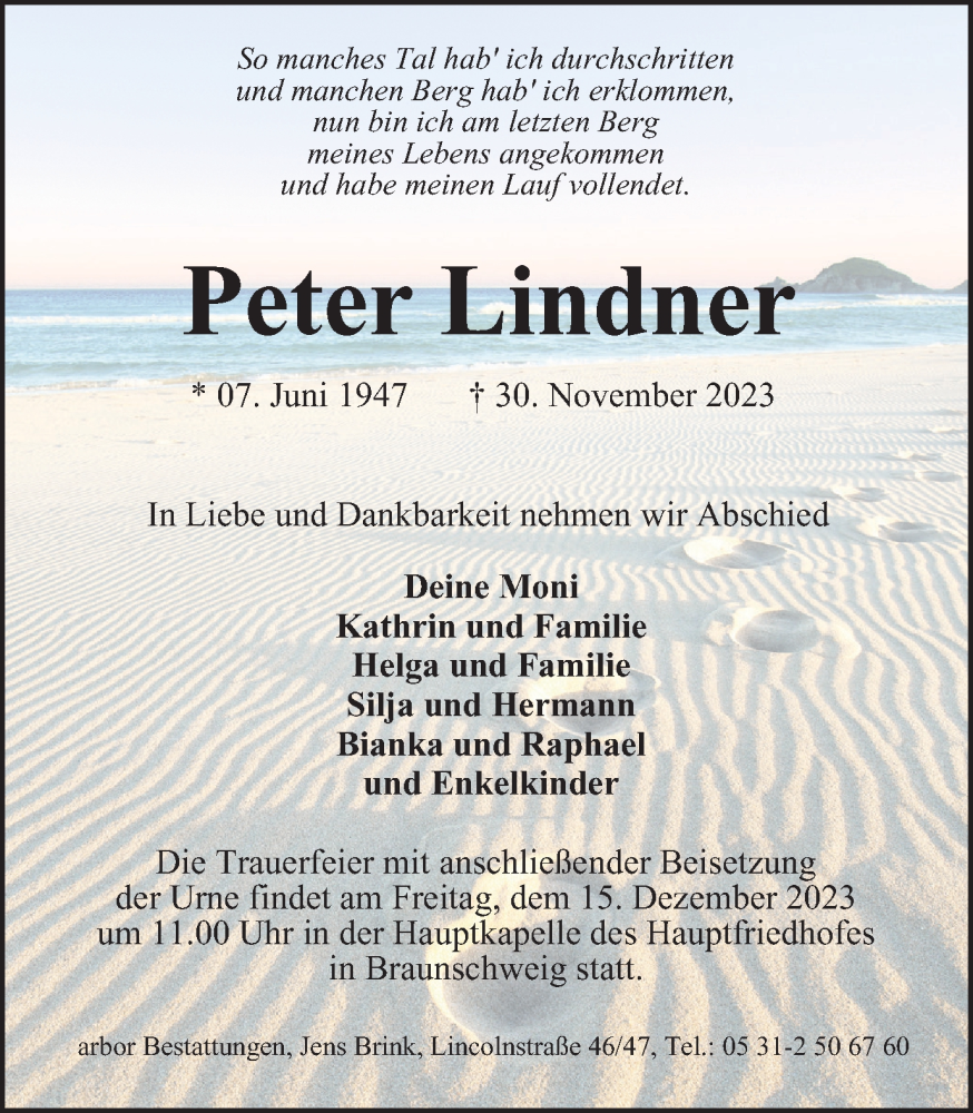  Traueranzeige für Peter Lindner vom 09.12.2023 aus Braunschweiger Zeitung