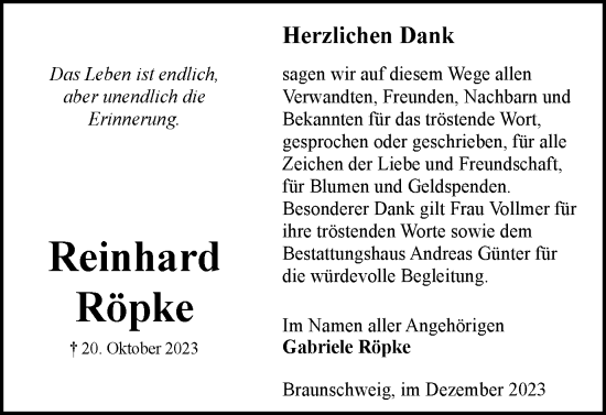 Traueranzeige von Reinhard Röpke von Braunschweiger Zeitung