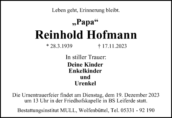 Traueranzeige von Reinhold Hofmann von Braunschweiger Zeitung