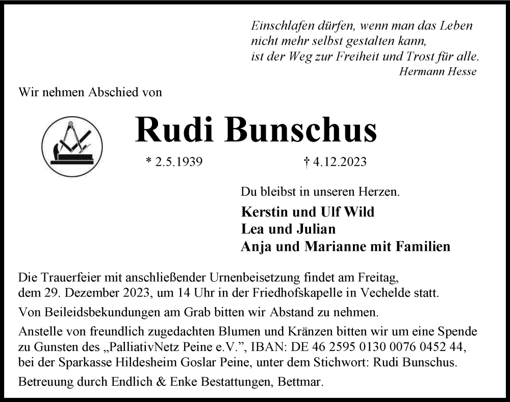 Traueranzeige für Rudi Bunschus vom 16.12.2023 aus Peiner Nachrichten