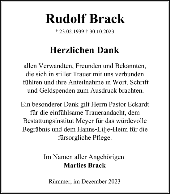 Traueranzeige von Rudolf Brack von Helmstedter Nachrichten