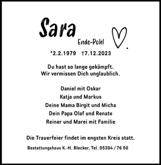 Traueranzeige von Sara Ende-Pohl von Braunschweiger Zeitung