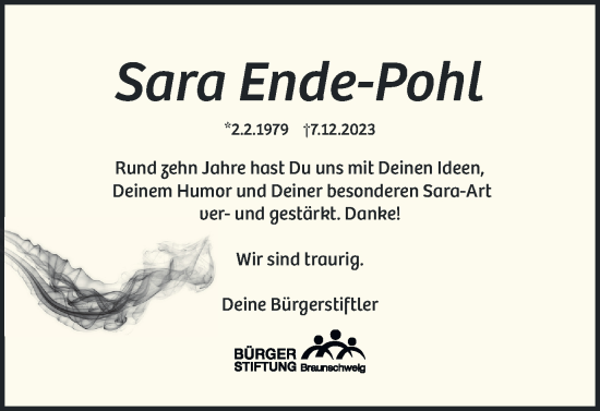 Traueranzeige von Sara Ende-Pohl von Braunschweiger Zeitung