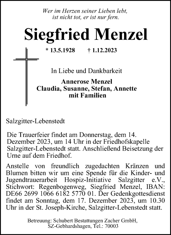 Traueranzeige von Siegfried Menzel von Salzgitter-Zeitung