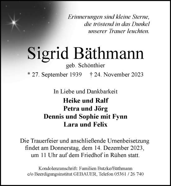 Traueranzeige von Sigrid Bäthmann von Wolfsburger Nachrichten