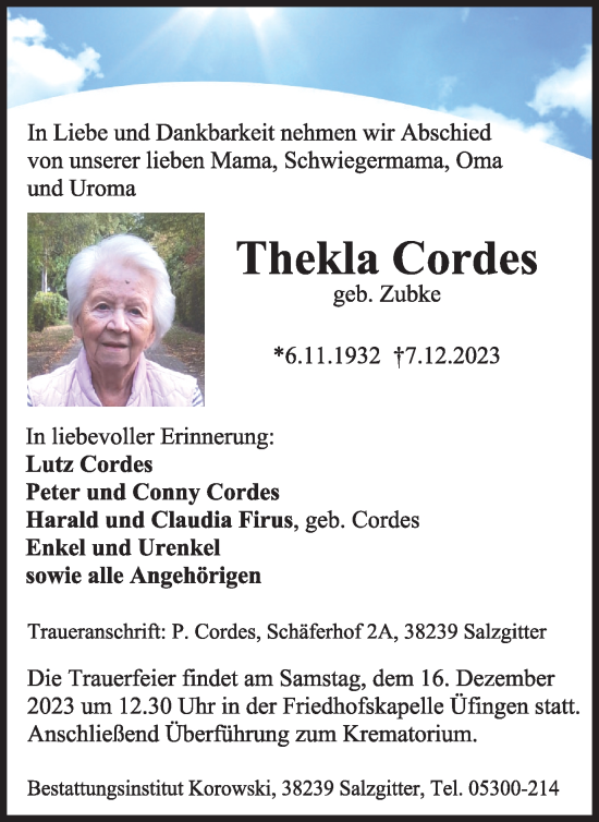 Traueranzeige von Thekla Cordes von Salzgitter-Zeitung