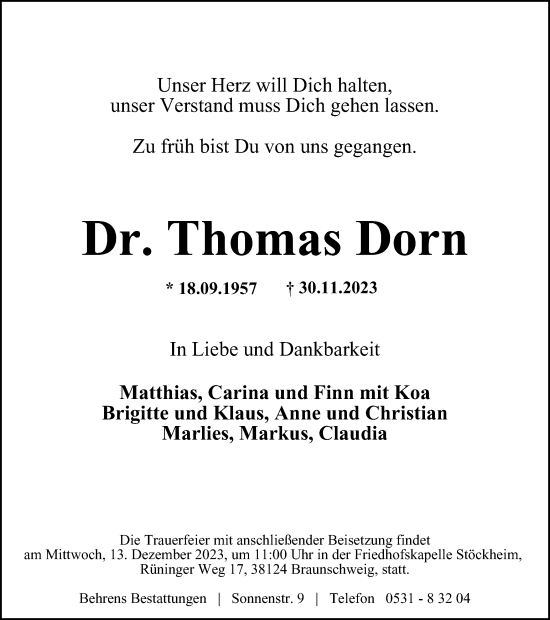 Traueranzeige von Thomas Dorn von Braunschweiger Zeitung