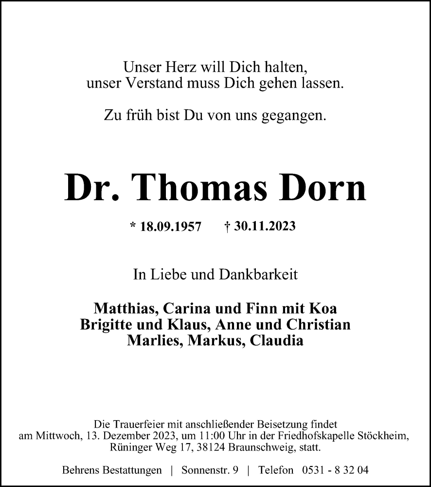  Traueranzeige für Thomas Dorn vom 02.12.2023 aus Braunschweiger Zeitung