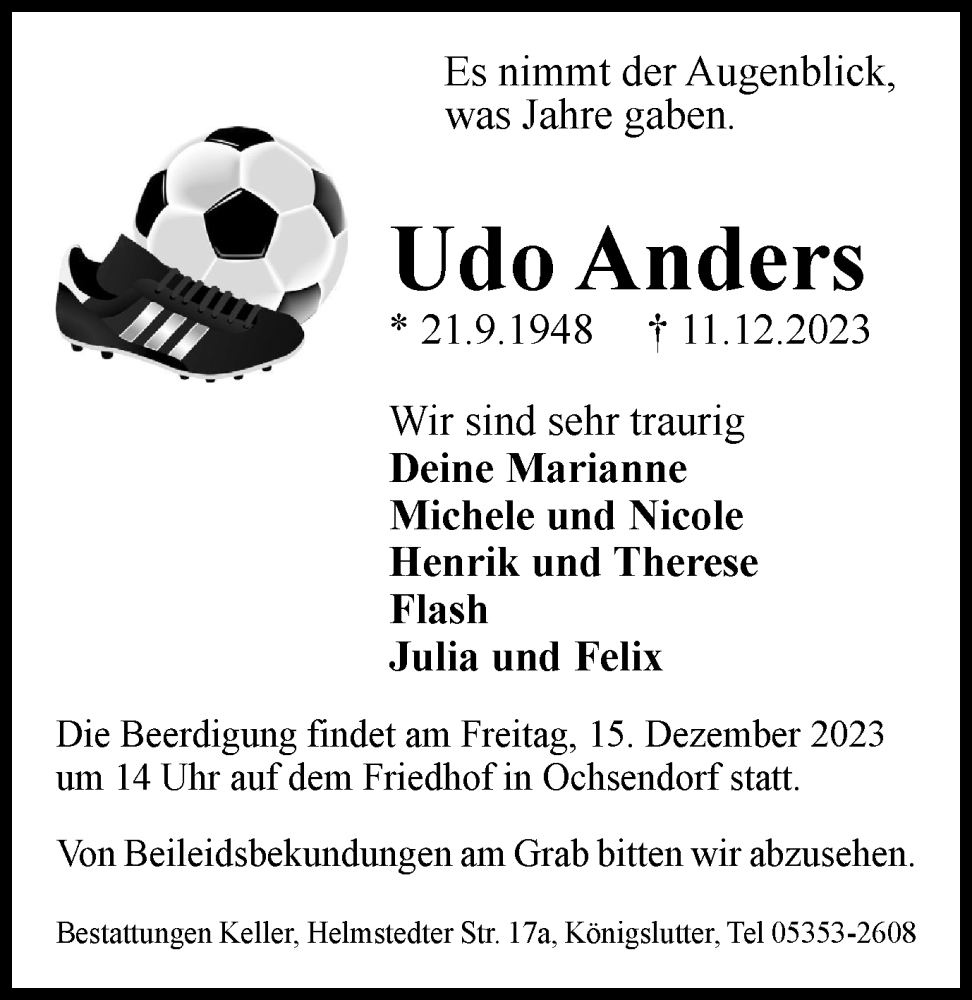  Traueranzeige für Udo Anders vom 14.12.2023 aus Helmstedter Nachrichten