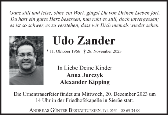 Traueranzeige von Udo Zander von Wolfenbütteler Zeitung