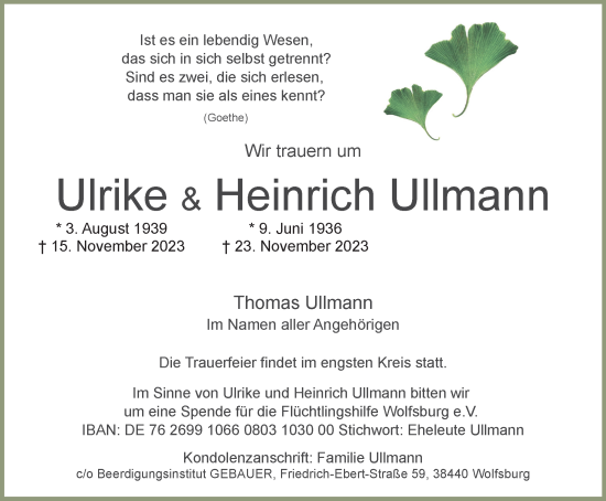 Traueranzeige von Ulrike  Heinrich Ullmann von Wolfsburger Nachrichten