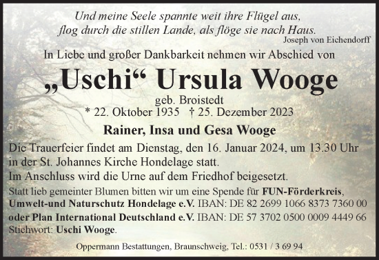 Traueranzeige von Ursula Wooge von Braunschweiger Zeitung