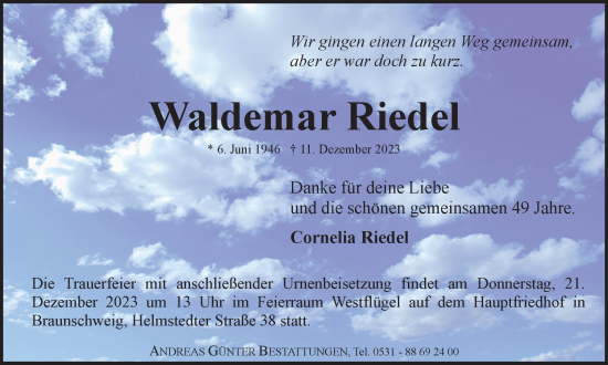 Traueranzeige von Waldemar Riedel von Braunschweiger Zeitung