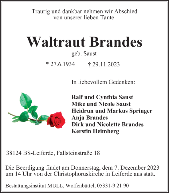 Traueranzeige von Waltraut Brandes von Braunschweiger Zeitung