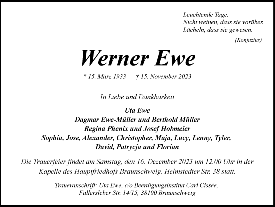 Traueranzeige von Werner Ewe von Braunschweiger Zeitung