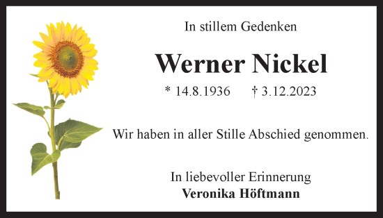 Traueranzeige von Werner Nickel von Braunschweiger Zeitung