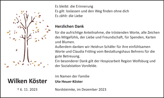 Traueranzeige von Wilken Köster von Wolfsburger Nachrichten