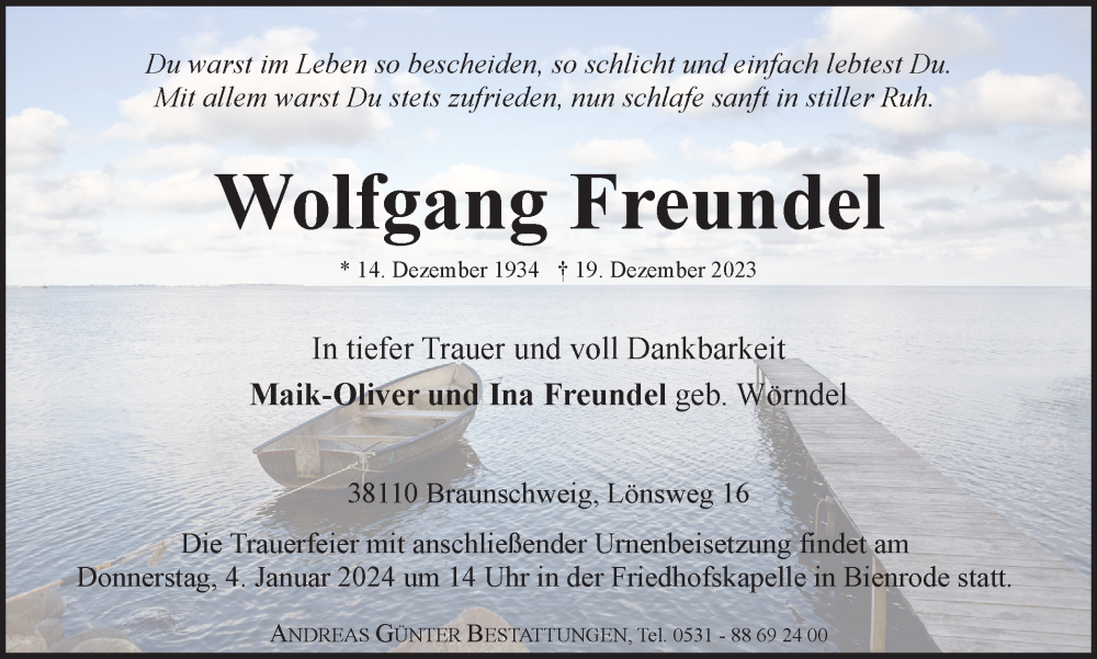  Traueranzeige für Wolfgang Freundel vom 30.12.2023 aus Braunschweiger Zeitung