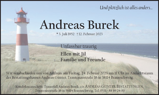 Traueranzeige von Andreas Burek von Braunschweiger Zeitung