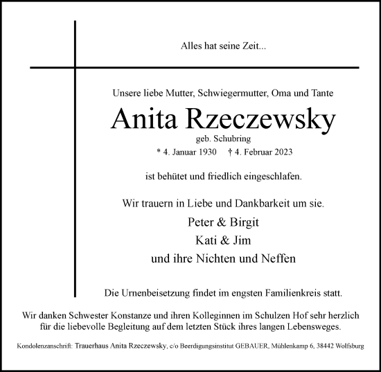 Traueranzeige von Anita Rzeczewsky von Wolfsburger Nachrichten
