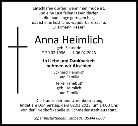 Traueranzeige von Anna Heimlich von Braunschweiger Zeitung