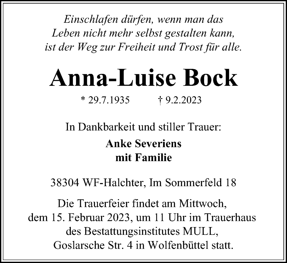  Traueranzeige für Anna-Luise Bock vom 11.02.2023 aus Wolfenbütteler Zeitung