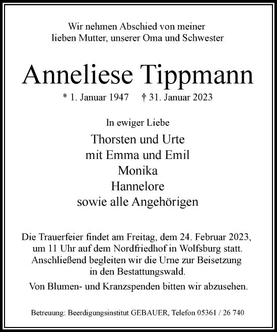 Traueranzeige von Anneliese Tippmann von Wolfsburger Nachrichten