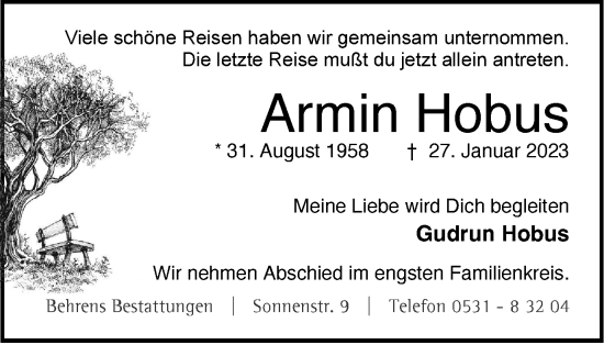 Traueranzeige von Armin Hobus von Braunschweiger Zeitung
