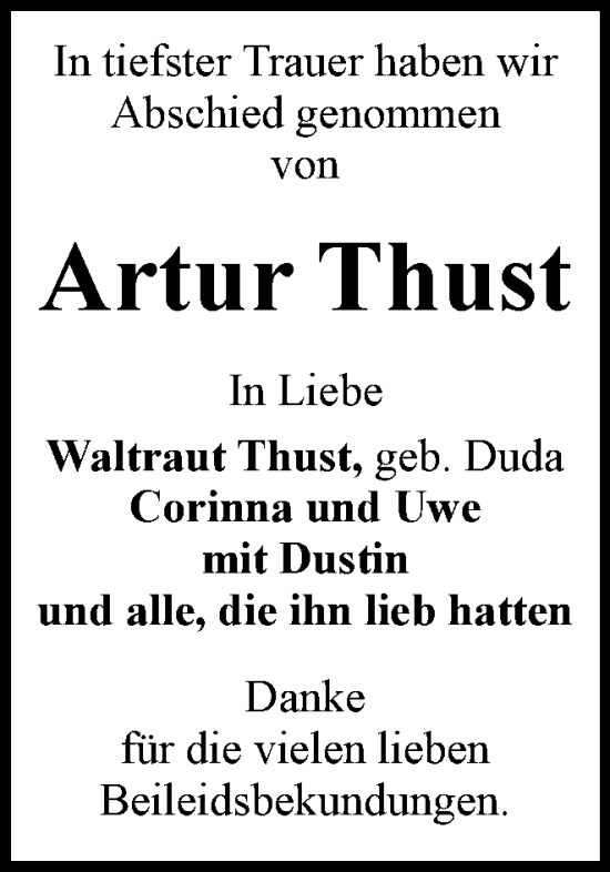 Traueranzeige von Artur Thust von Braunschweiger Zeitung