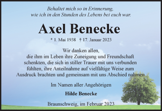 Traueranzeige von Axel Benecke von Braunschweiger Zeitung