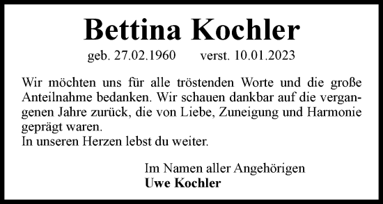 Traueranzeige von Bettina Kochler von Neue Braunschweiger am Samstag