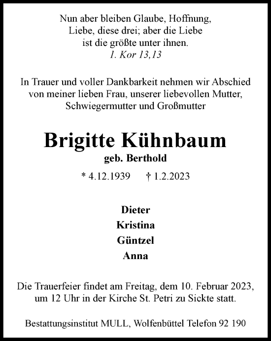 Traueranzeige von Brigitte Kühnbaum von Wolfenbütteler Zeitung