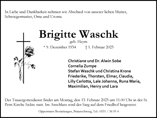 Traueranzeige von Brigitte Waschk von Braunschweiger Zeitung