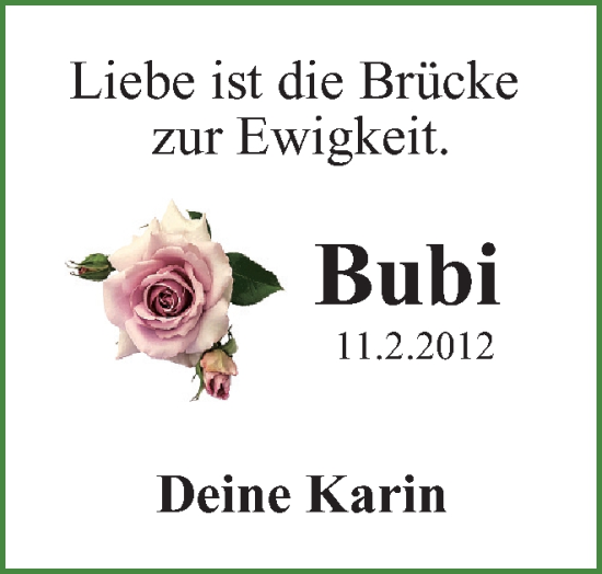 Traueranzeige von Bubi  von Wolfenbütteler Zeitung
