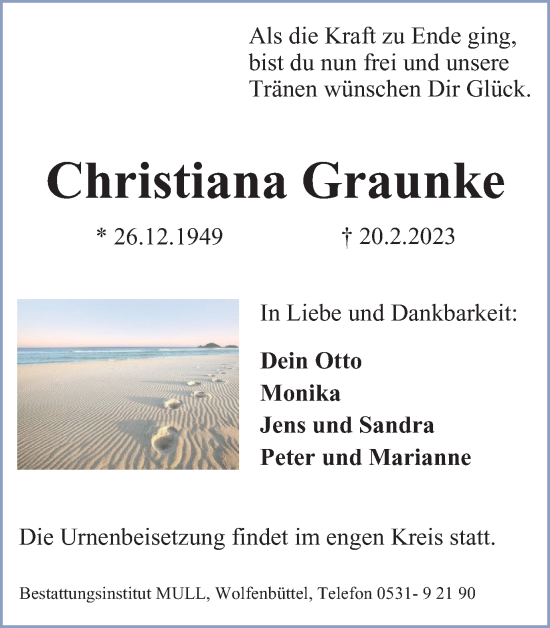 Traueranzeige von Christiana Graunke von Braunschweiger Zeitung