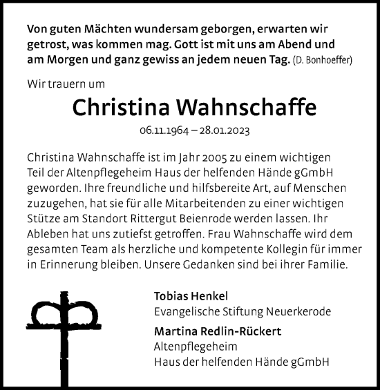 Traueranzeige von Christina Wahnschaffe von Helmstedter Nachrichten