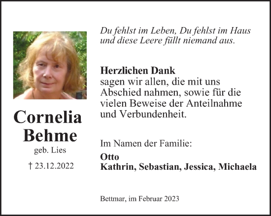 Traueranzeige von Cornelia Behme von Braunschweiger Zeitung