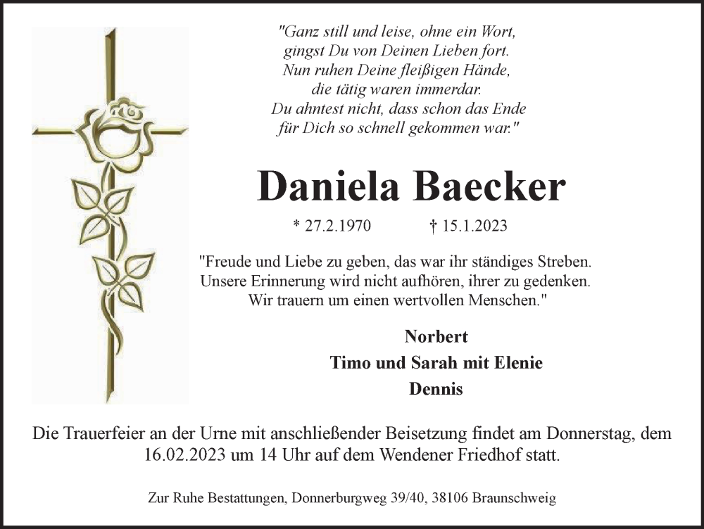  Traueranzeige für Daniela Baecker vom 10.02.2023 aus Braunschweiger Zeitung